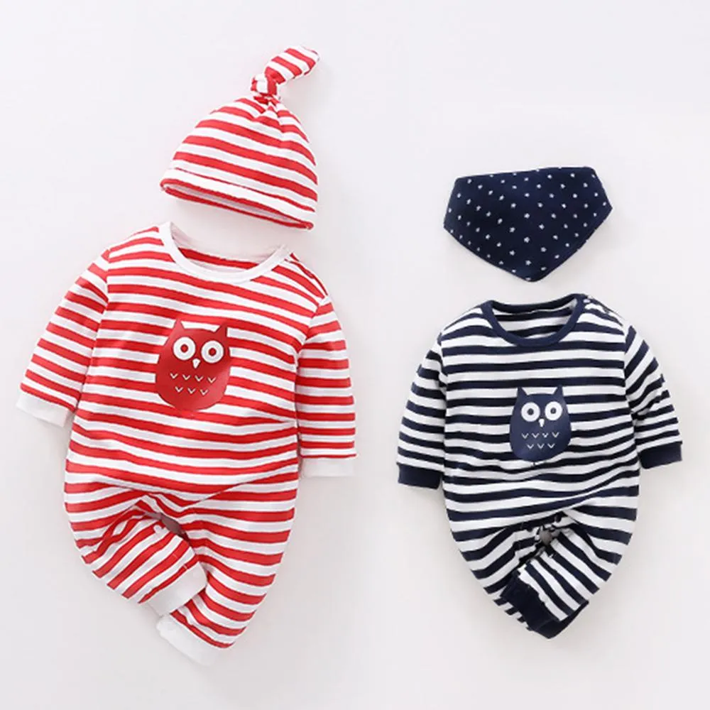 Baby Striped Owl Long Sleeve Romper & Hat & Bib