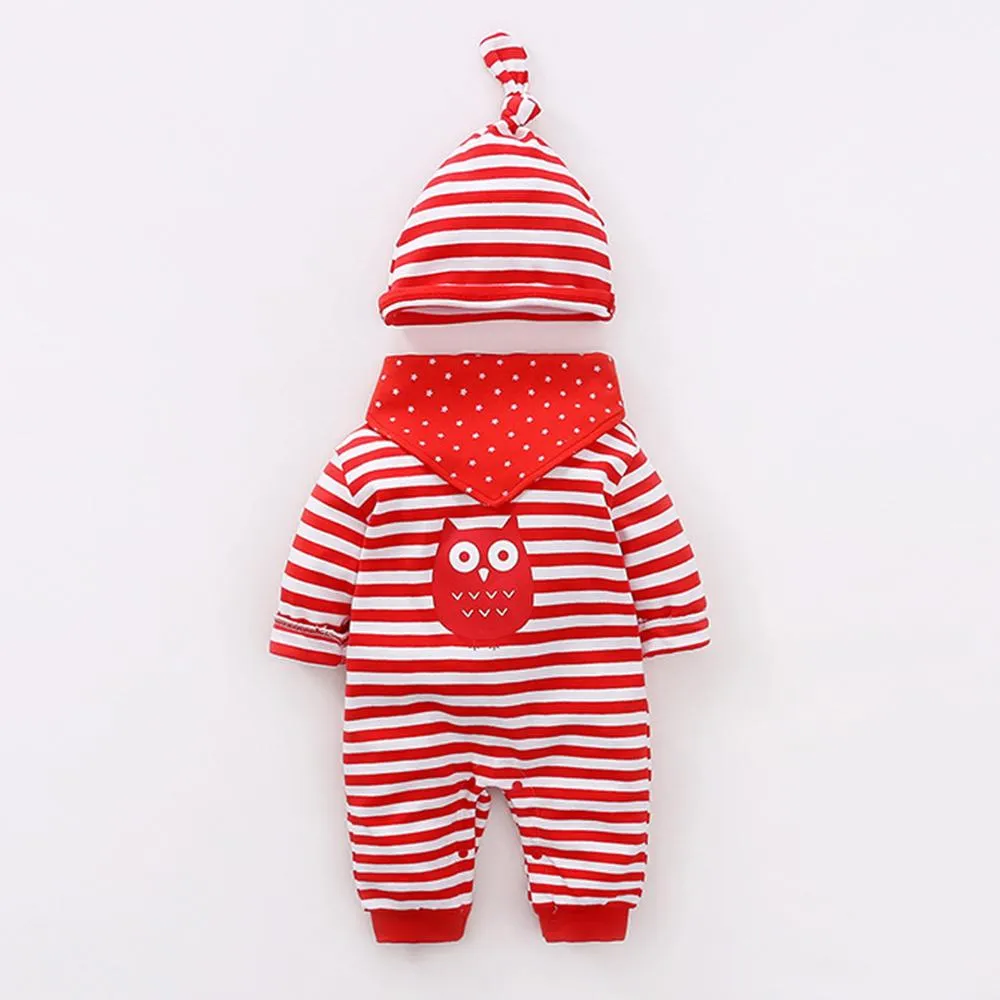 Baby Striped Owl Long Sleeve Romper & Hat & Bib