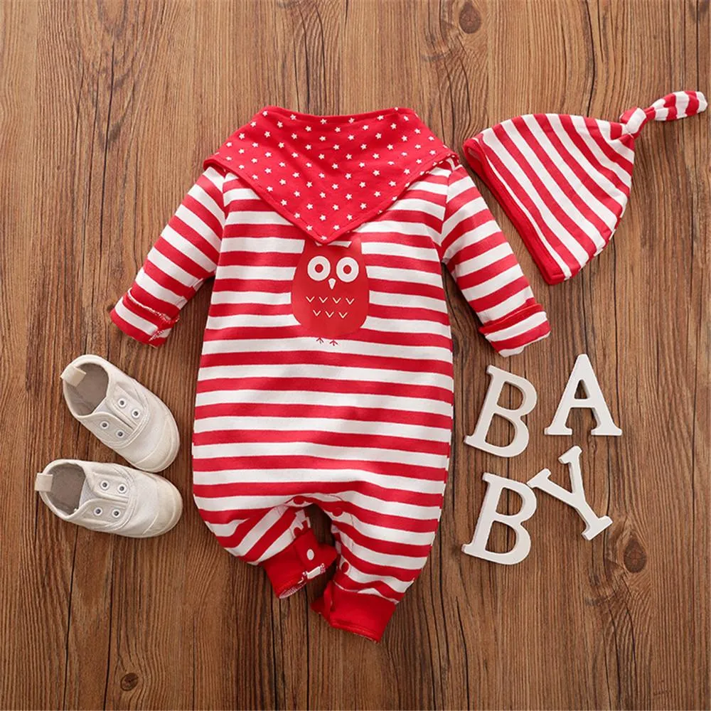 Baby Striped Owl Long Sleeve Romper & Hat & Bib