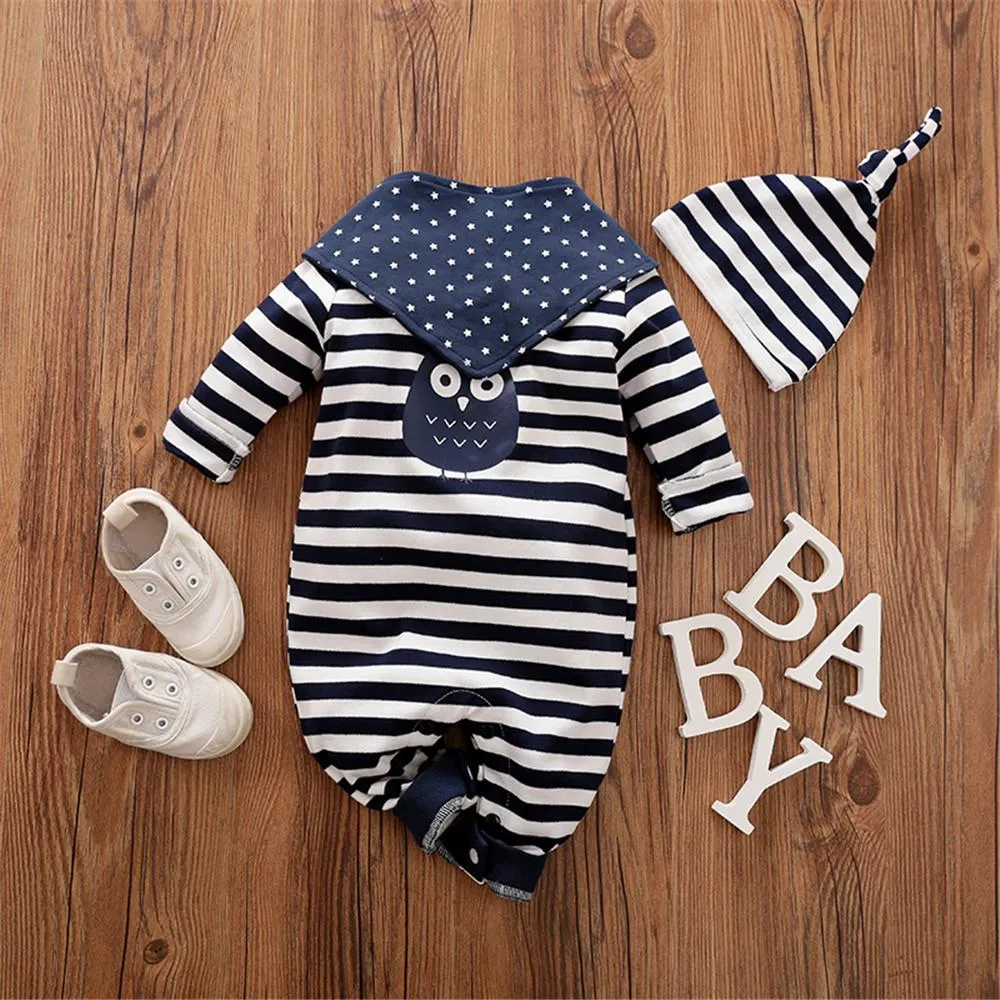 Baby Striped Owl Long Sleeve Romper & Hat & Bib