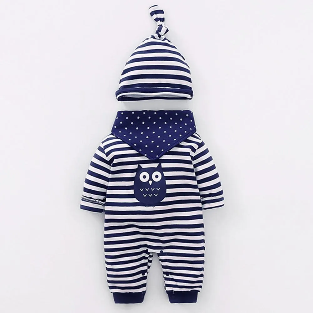 Baby Striped Owl Long Sleeve Romper & Hat & Bib