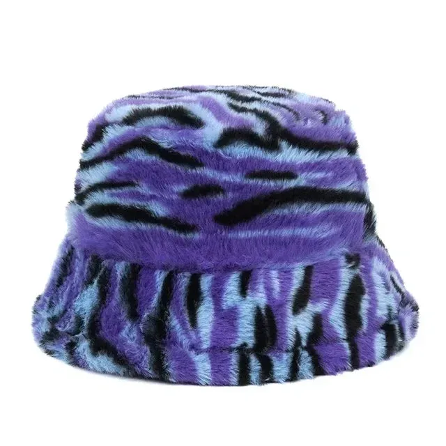 Bold Tiger Stripe Faux Fur Bucket Hat - Fushia