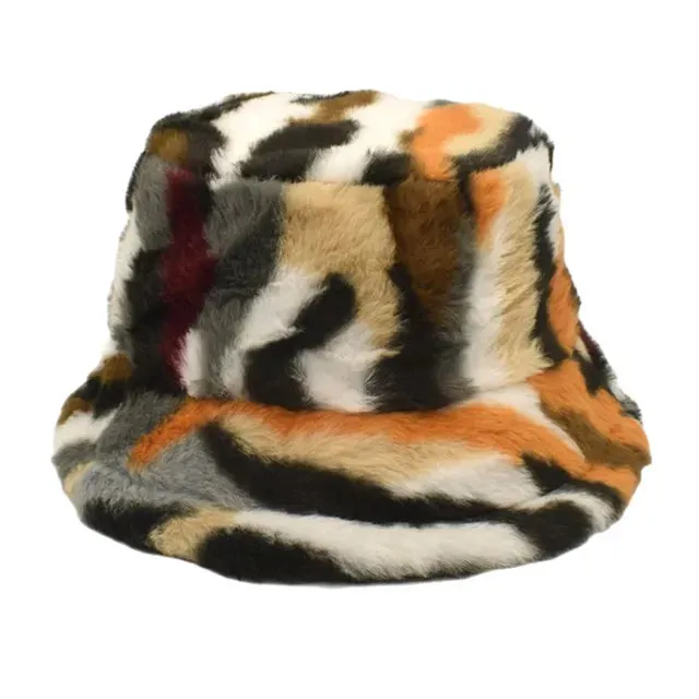 Bold Tiger Stripe Faux Fur Bucket Hat - Fushia