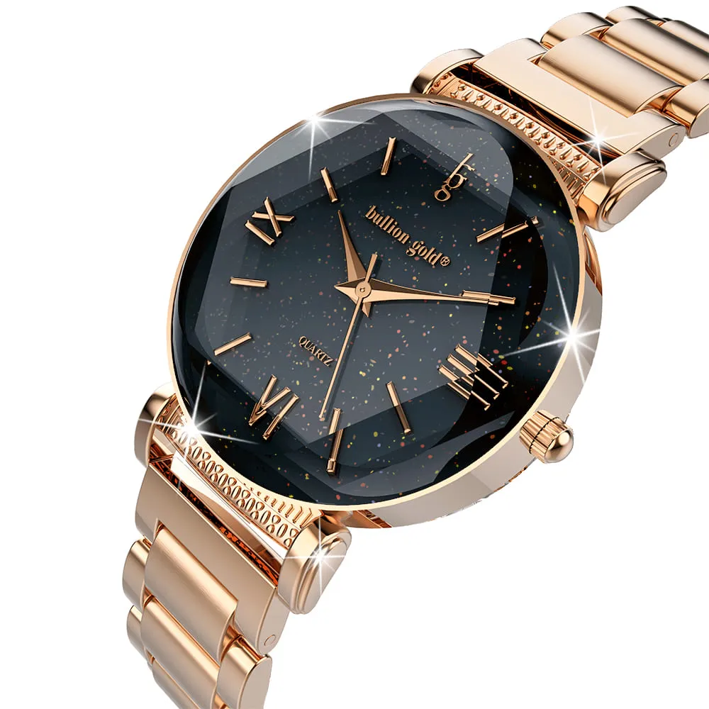Boxed Black Face Watch & Earrings Set In Rose Gold