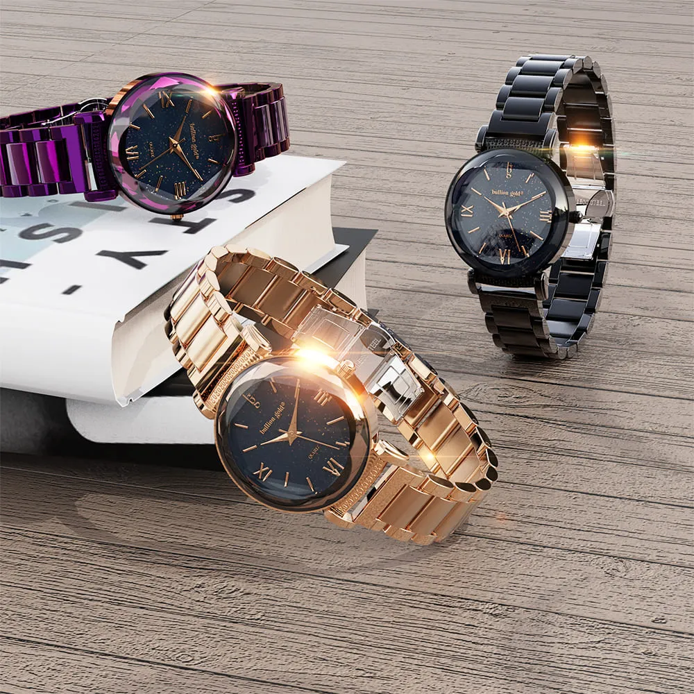 Boxed Black Face Watch & Earrings Set In Rose Gold