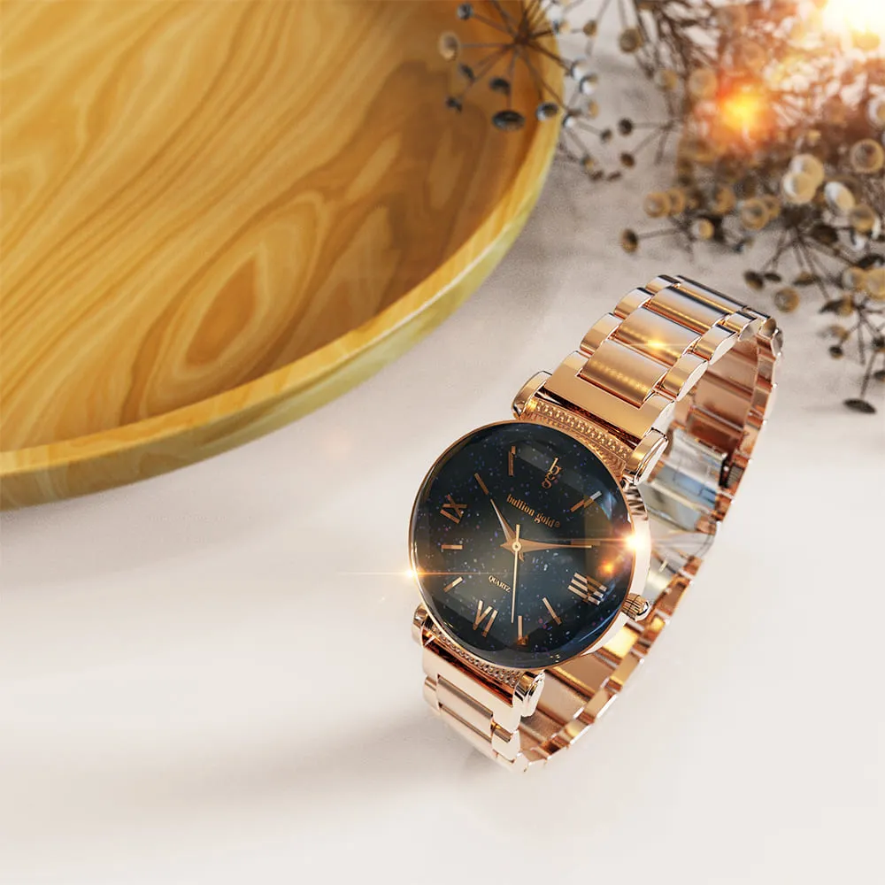 Boxed Black Face Watch & Earrings Set In Rose Gold
