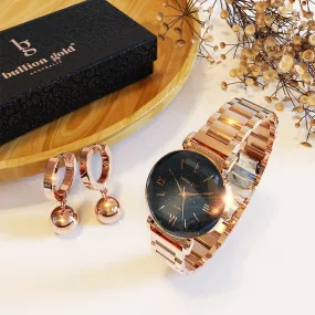 Boxed Black Face Watch & Earrings Set In Rose Gold