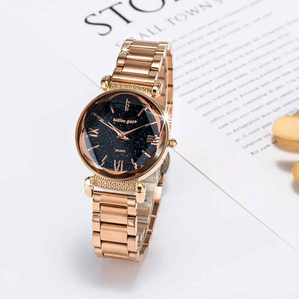 Boxed Black Face Watch & Earrings Set In Rose Gold