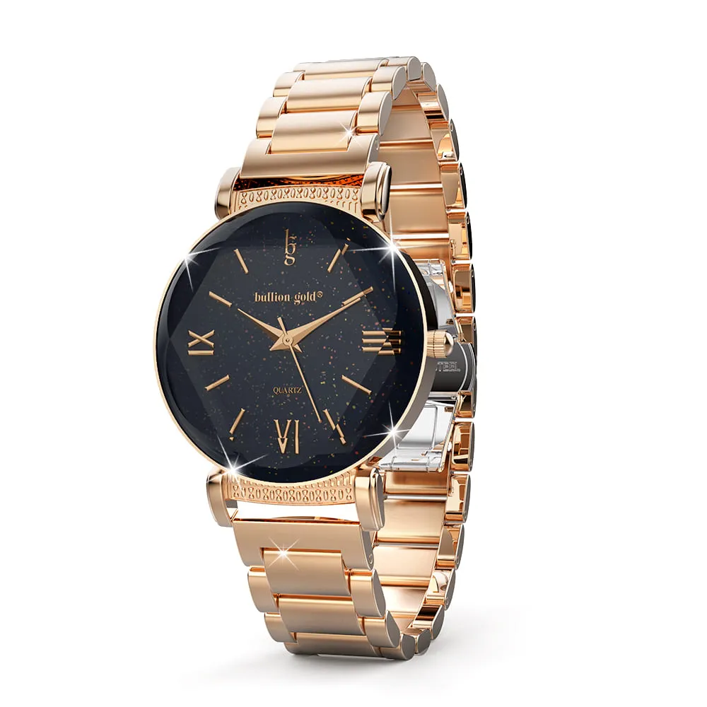 Boxed Black Face Watch & Earrings Set In Rose Gold