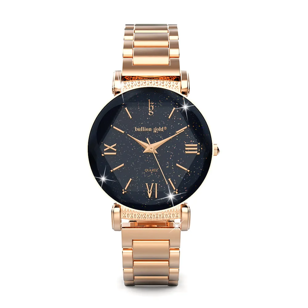 Boxed Black Face Watch & Earrings Set In Rose Gold
