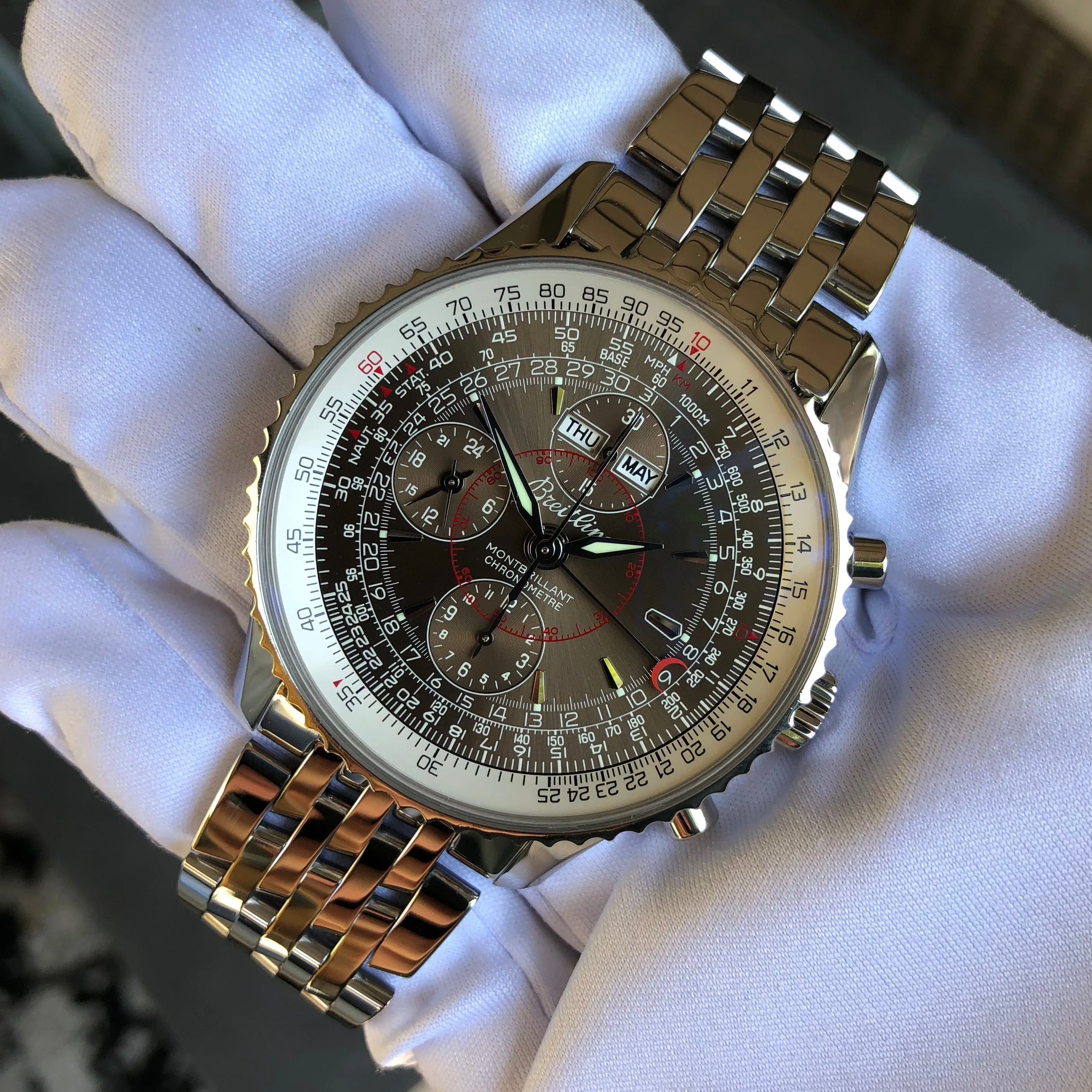 Breitling Montbrilliant Datora A2133012 Chronograph Stainless Steel Brown Wristwatch Box & Papers