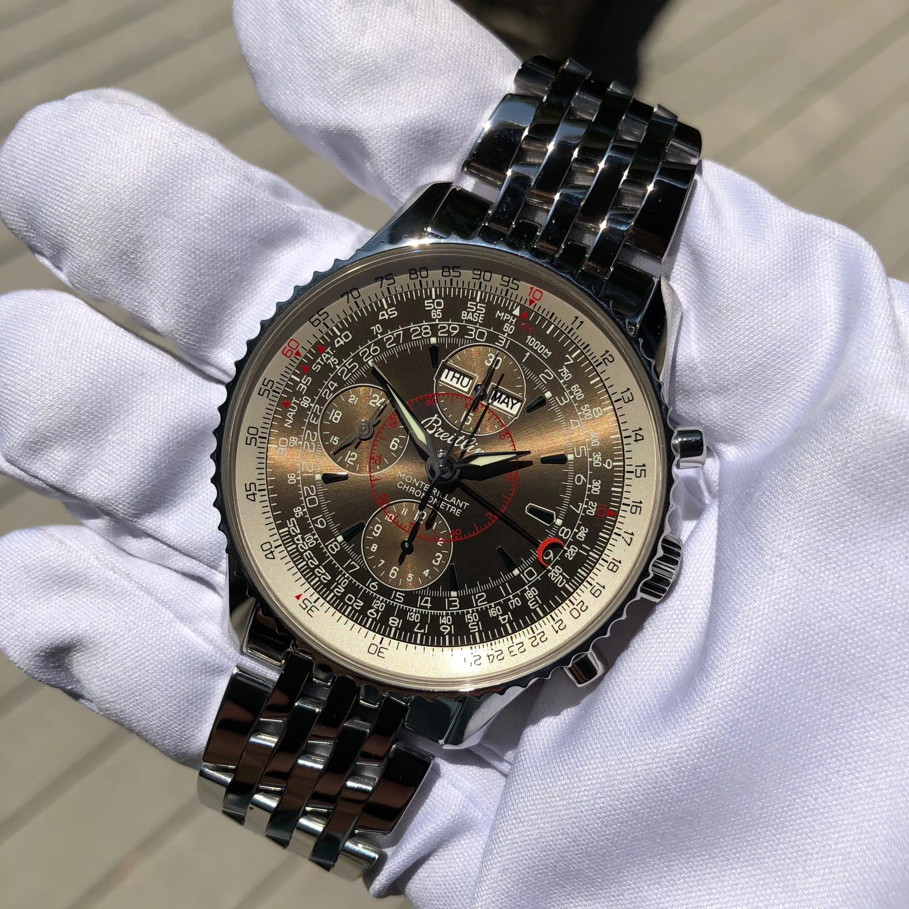 Breitling Montbrilliant Datora A2133012 Chronograph Stainless Steel Brown Wristwatch Box & Papers