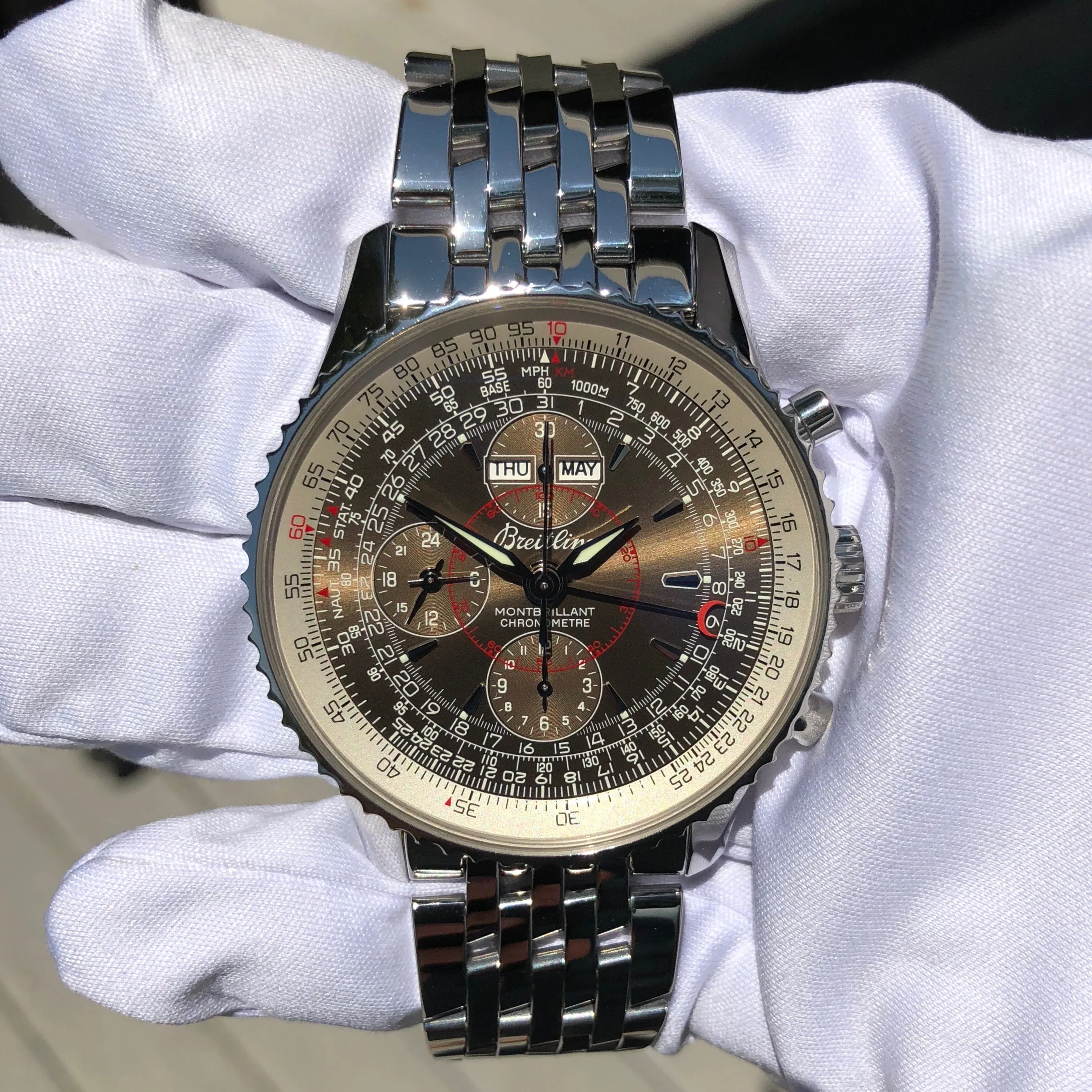 Breitling Montbrilliant Datora A2133012 Chronograph Stainless Steel Brown Wristwatch Box & Papers