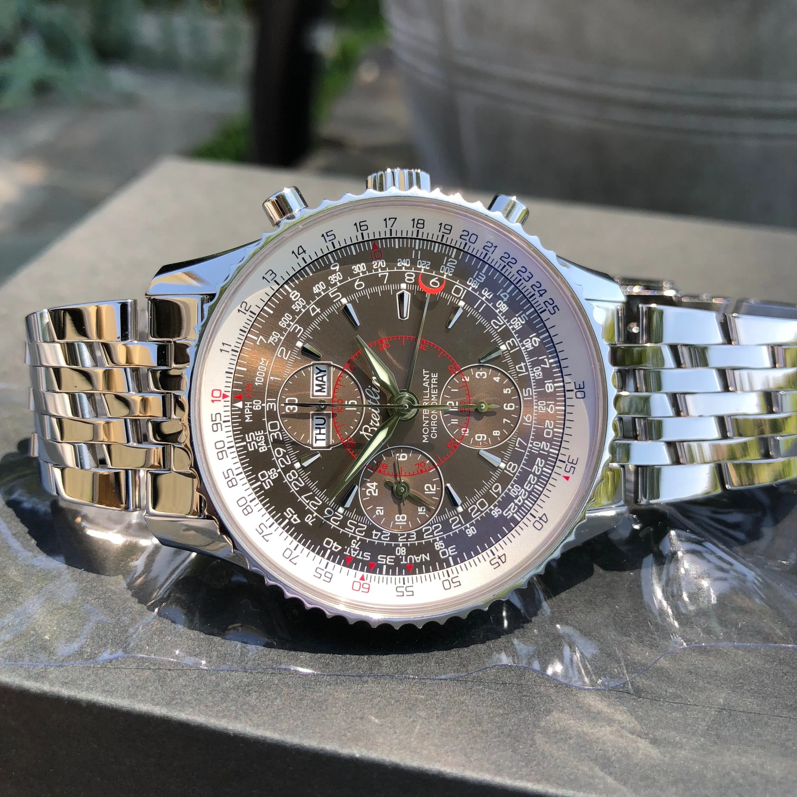 Breitling Montbrilliant Datora A2133012 Chronograph Stainless Steel Brown Wristwatch Box & Papers