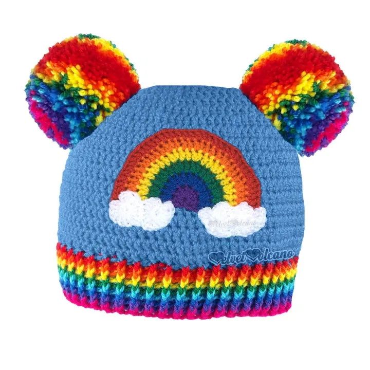 Bright Rainbow Cloud Double Pom Pom Beanie (Dolphin Blue)