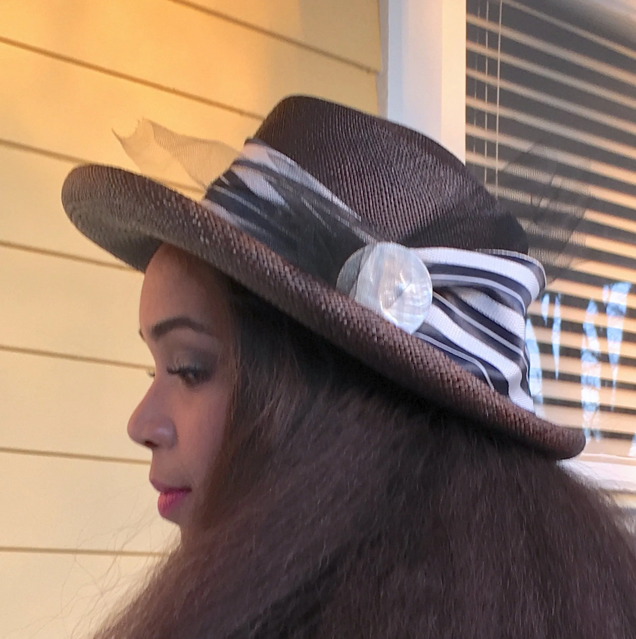Brown Straw Wide Brimmed Hat-Black trim-Netting-Vintage White and Navy Striped Ribbon-Mother of Pearl Button-Wedding-Sun Hat-Race Track Hat!