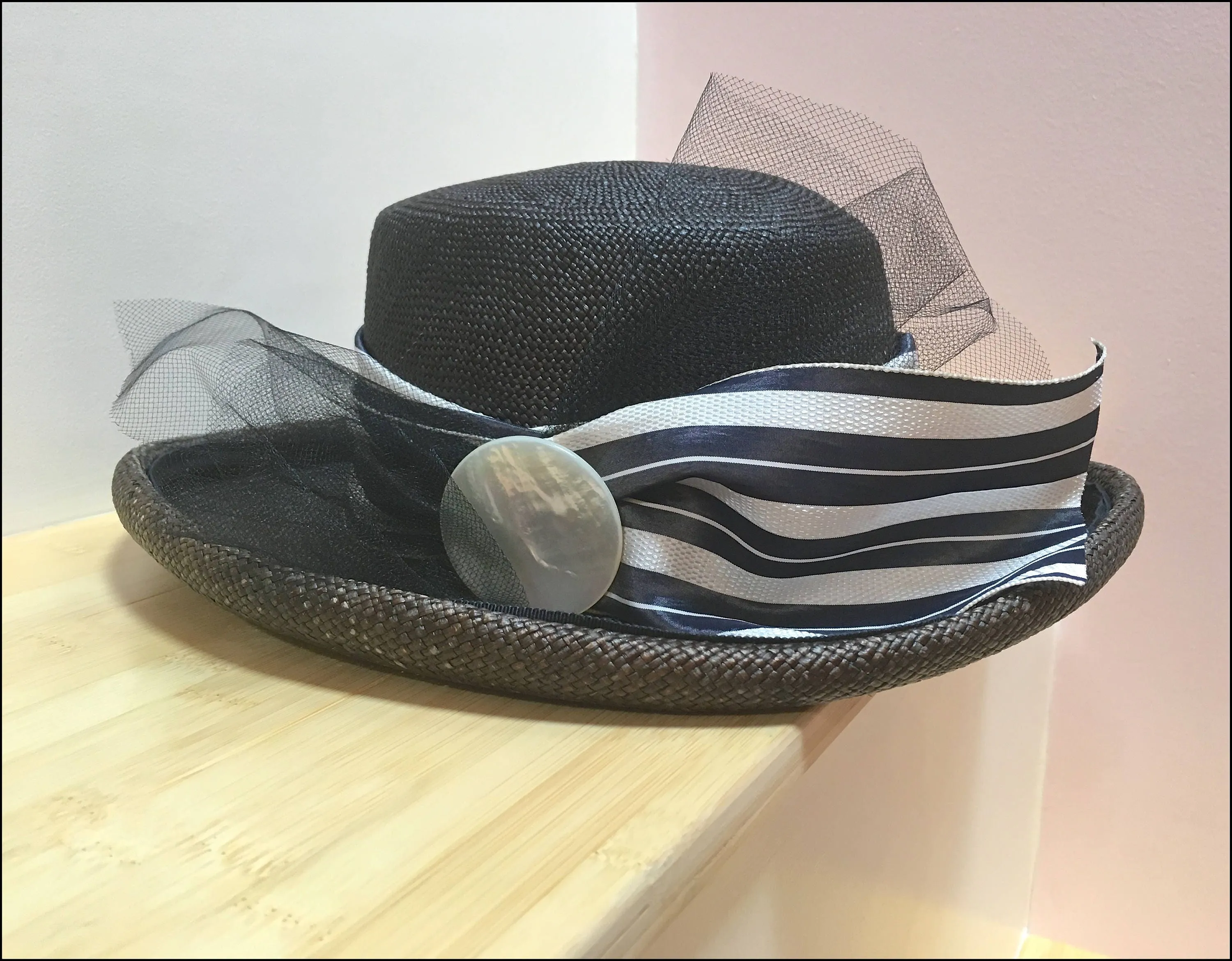 Brown Straw Wide Brimmed Hat-Black trim-Netting-Vintage White and Navy Striped Ribbon-Mother of Pearl Button-Wedding-Sun Hat-Race Track Hat!