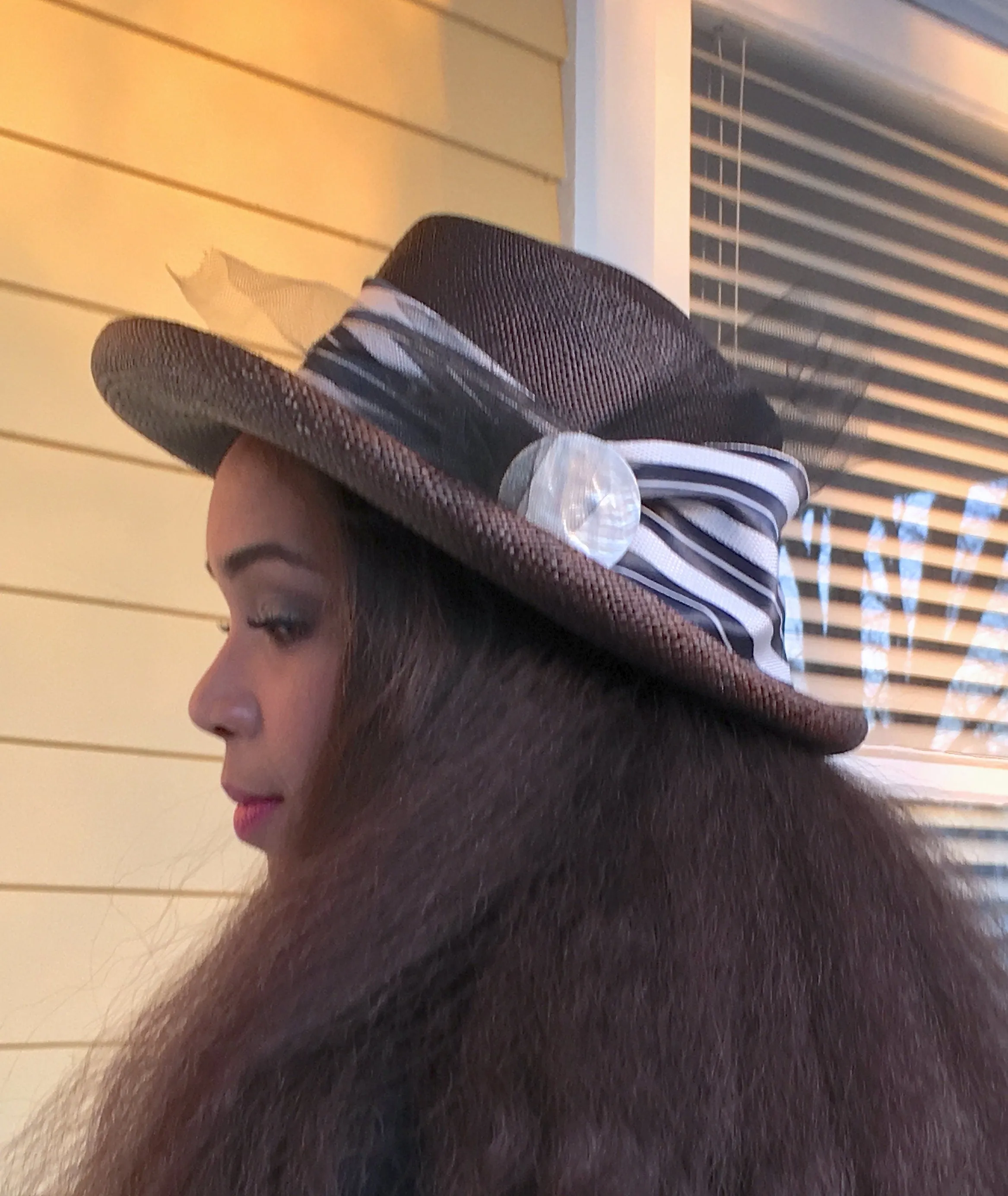 Brown Straw Wide Brimmed Hat-Black trim-Netting-Vintage White and Navy Striped Ribbon-Mother of Pearl Button-Wedding-Sun Hat-Race Track Hat!