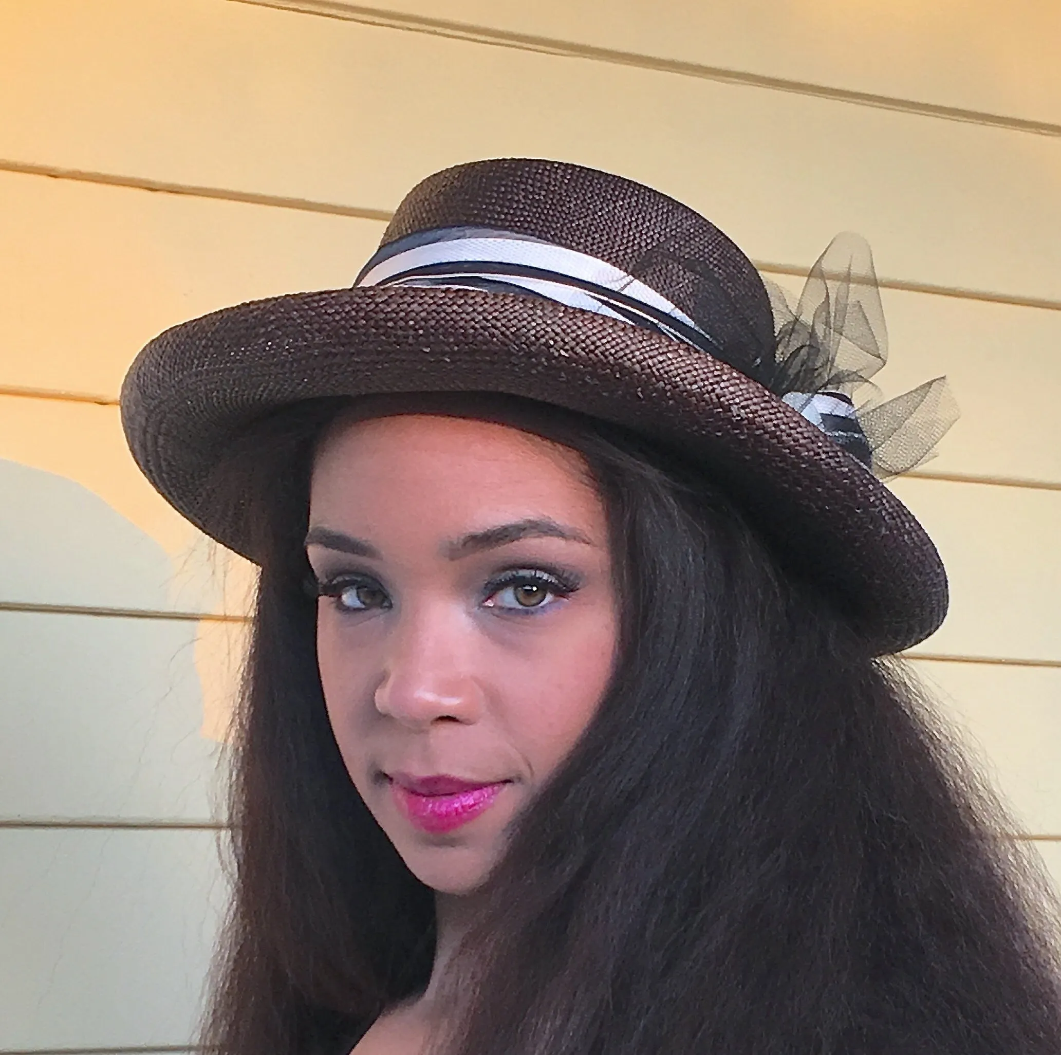 Brown Straw Wide Brimmed Hat-Black trim-Netting-Vintage White and Navy Striped Ribbon-Mother of Pearl Button-Wedding-Sun Hat-Race Track Hat!