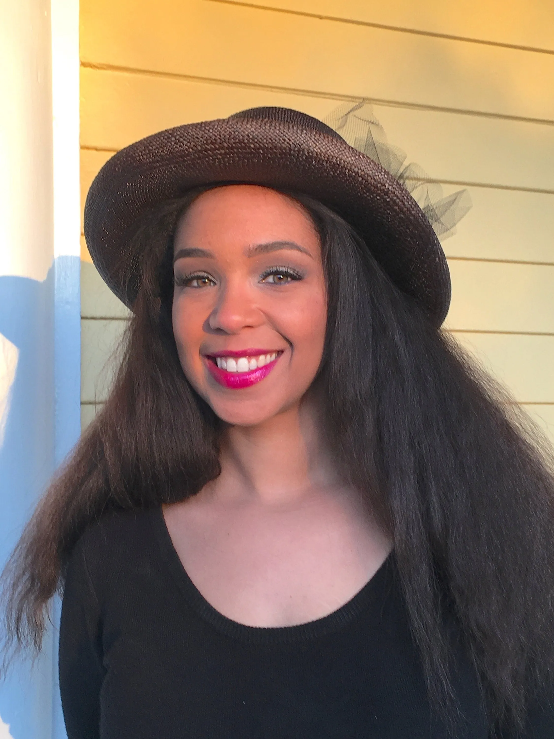 Brown Straw Wide Brimmed Hat-Black trim-Netting-Vintage White and Navy Striped Ribbon-Mother of Pearl Button-Wedding-Sun Hat-Race Track Hat!
