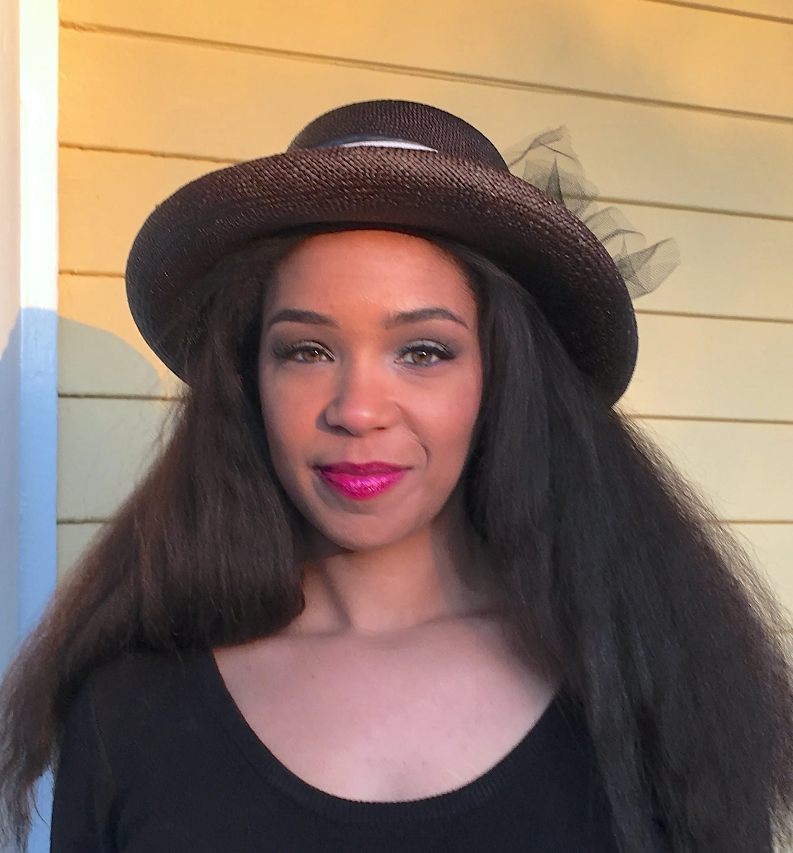 Brown Straw Wide Brimmed Hat-Black trim-Netting-Vintage White and Navy Striped Ribbon-Mother of Pearl Button-Wedding-Sun Hat-Race Track Hat!