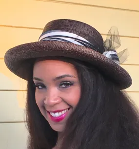 Brown Straw Wide Brimmed Hat-Black trim-Netting-Vintage White and Navy Striped Ribbon-Mother of Pearl Button-Wedding-Sun Hat-Race Track Hat!