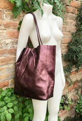 Burgundy  brown tote leather bag. Metallic effect genuine leather shopper. Large carry all bag for your laptop, books.Burgundy leather purse