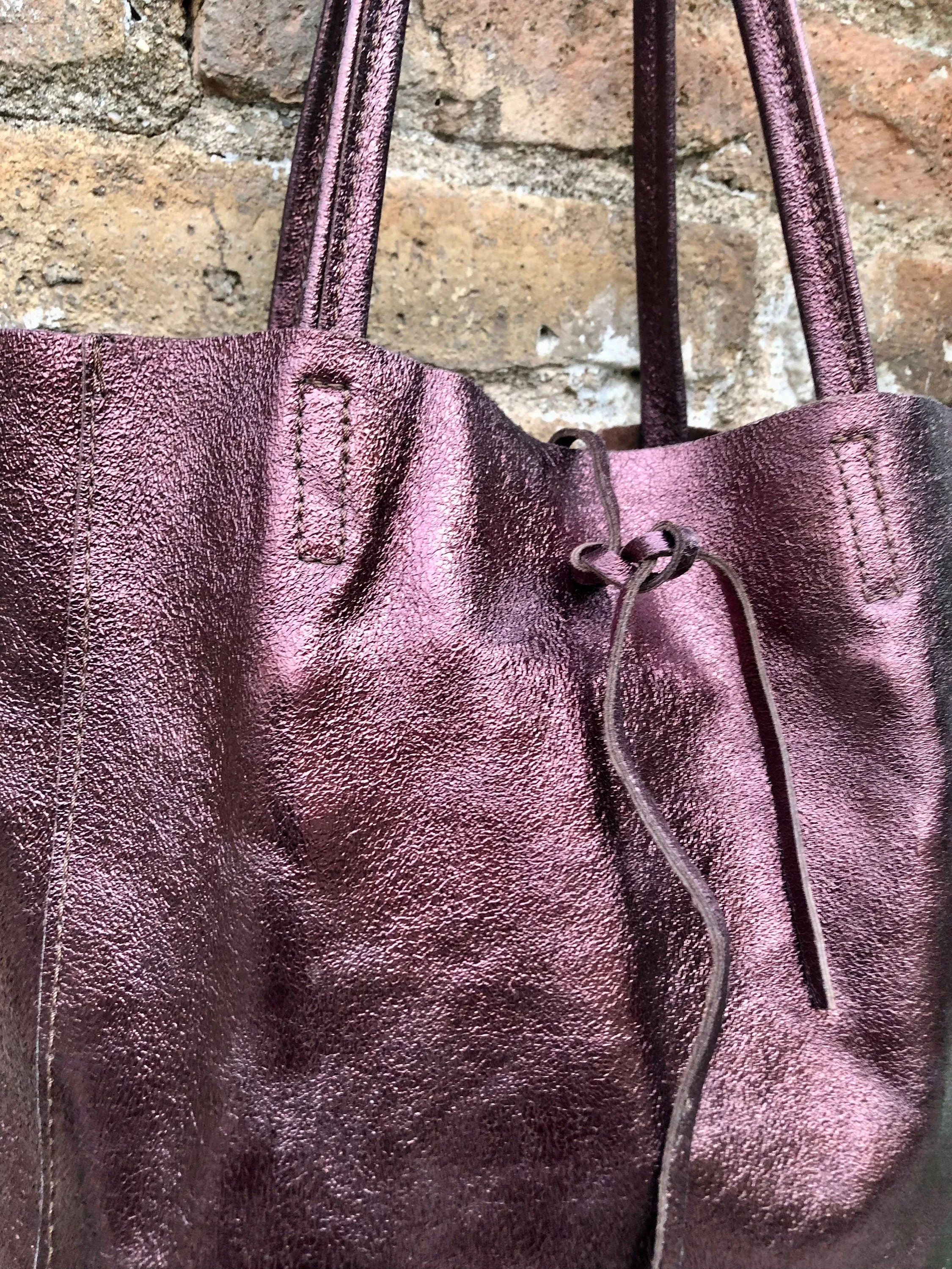Burgundy  brown tote leather bag. Metallic effect genuine leather shopper. Large carry all bag for your laptop, books.Burgundy leather purse