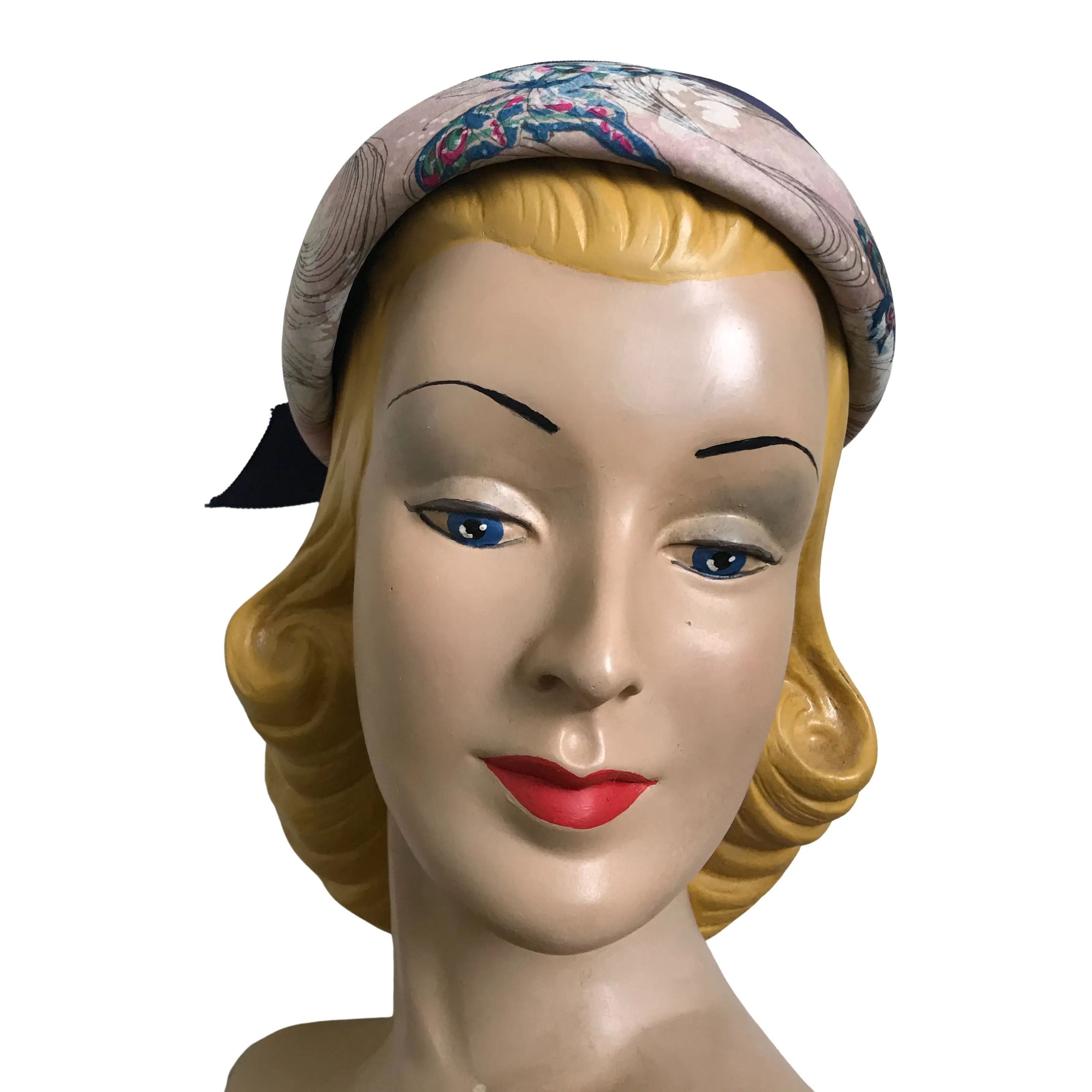 Butterfly Print Silk Round Top Hat w/ Bow circa 1960s Lilly Daché