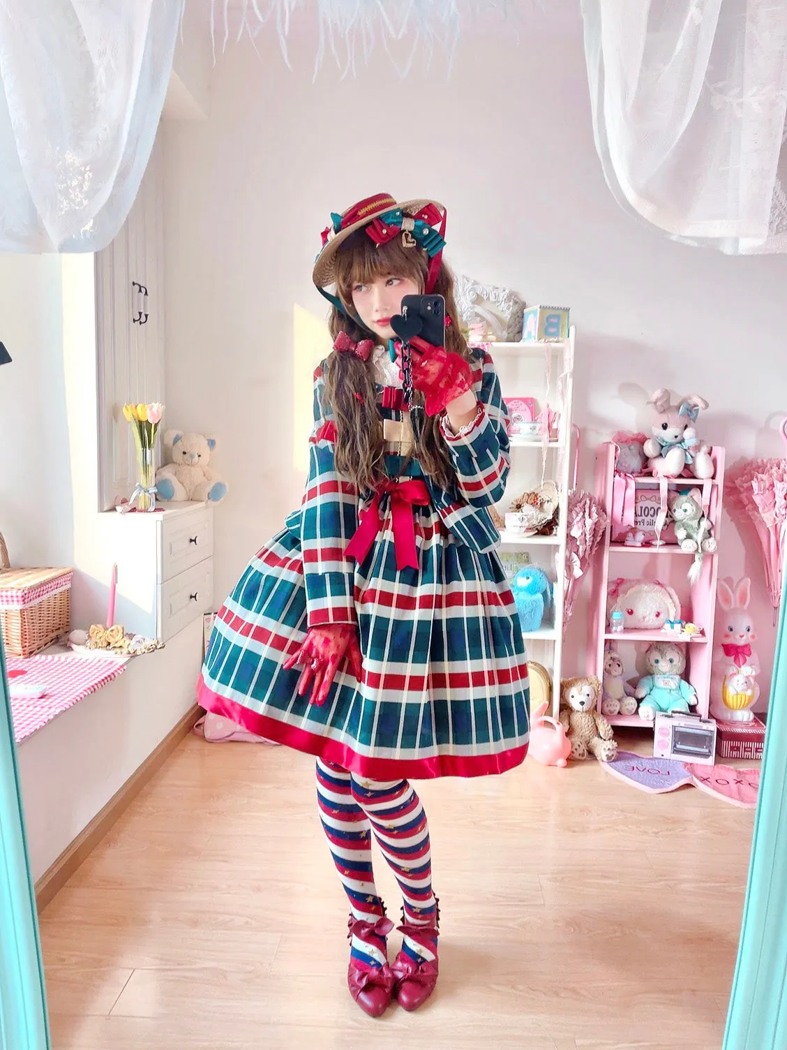 (Buyforme)Fluff Mollie~Juniper Berry Striped Grid JSK and Jacket Set