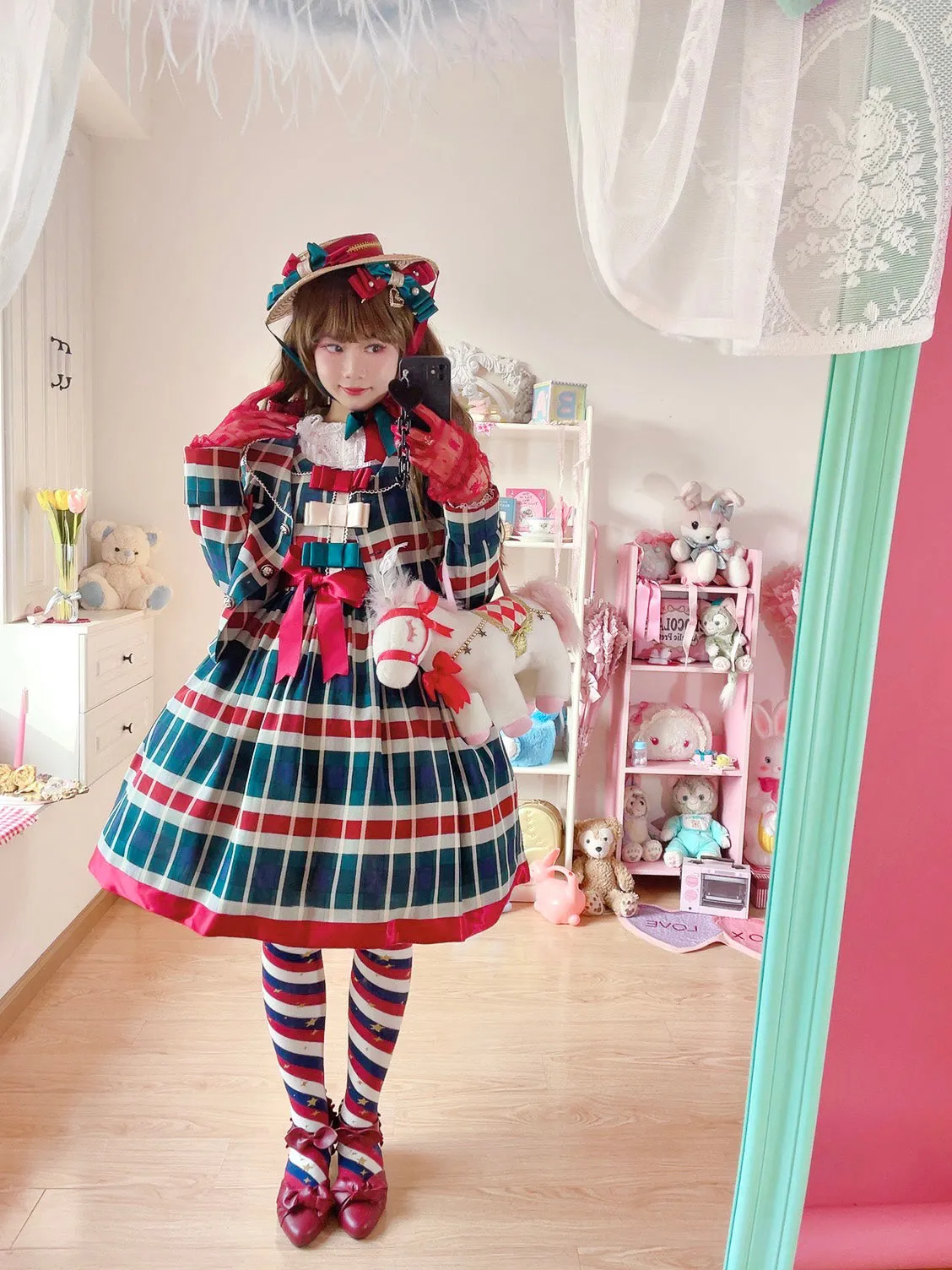 (Buyforme)Fluff Mollie~Juniper Berry Striped Grid JSK and Jacket Set