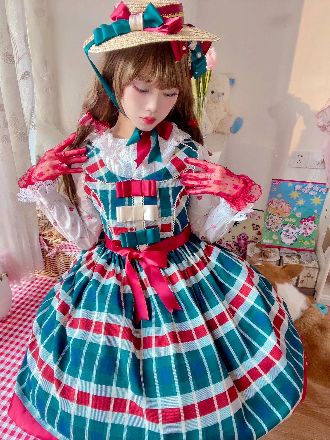 (Buyforme)Fluff Mollie~Juniper Berry Striped Grid JSK and Jacket Set