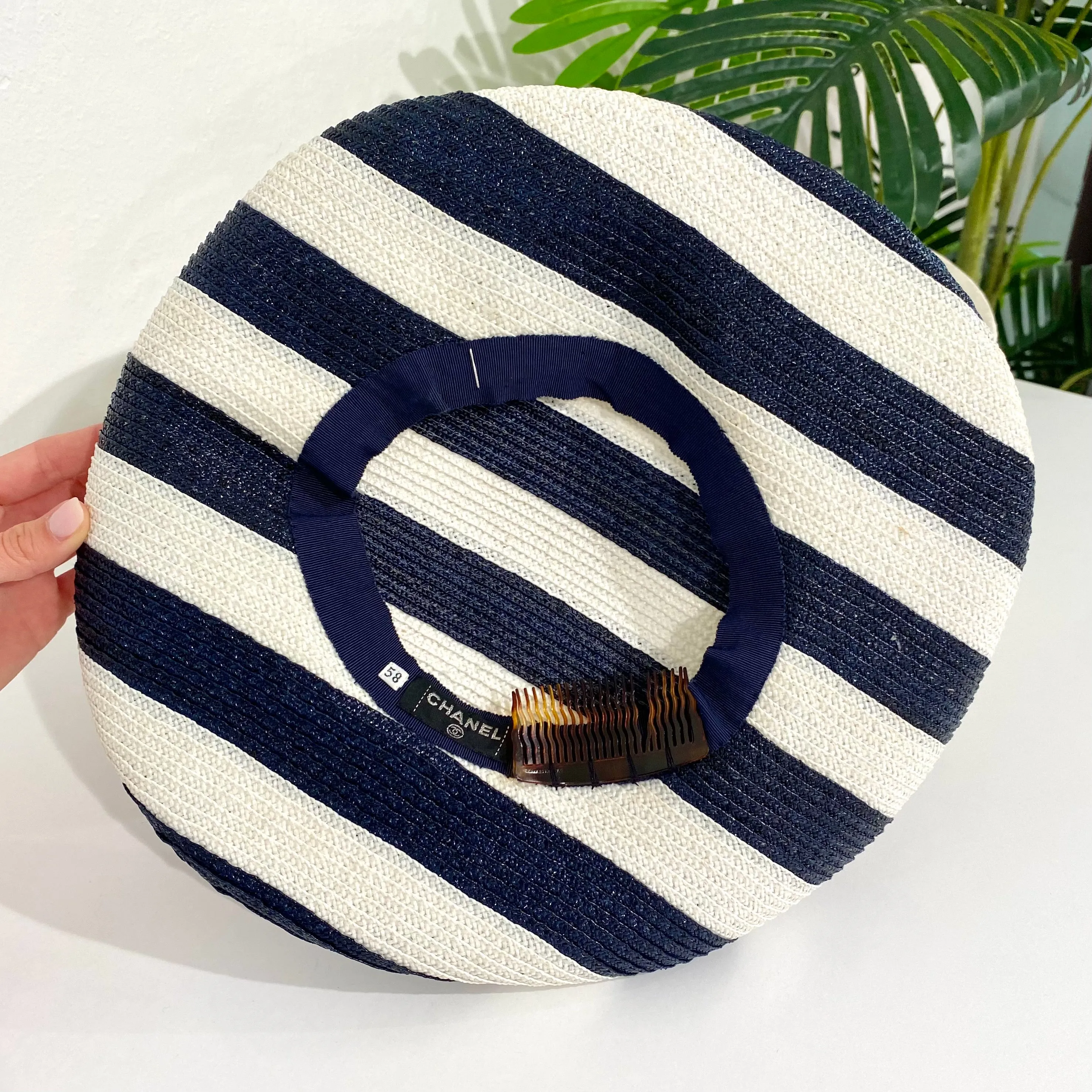 Chanel Navy and White Stripe Saucer Hat