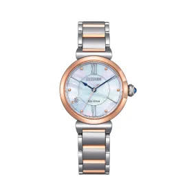 Citizen EM1074-82D - Ladies Eco-Drive Two-Tone Rose Gold & Steel Diamond Set Mother of Pearl Dress Watch