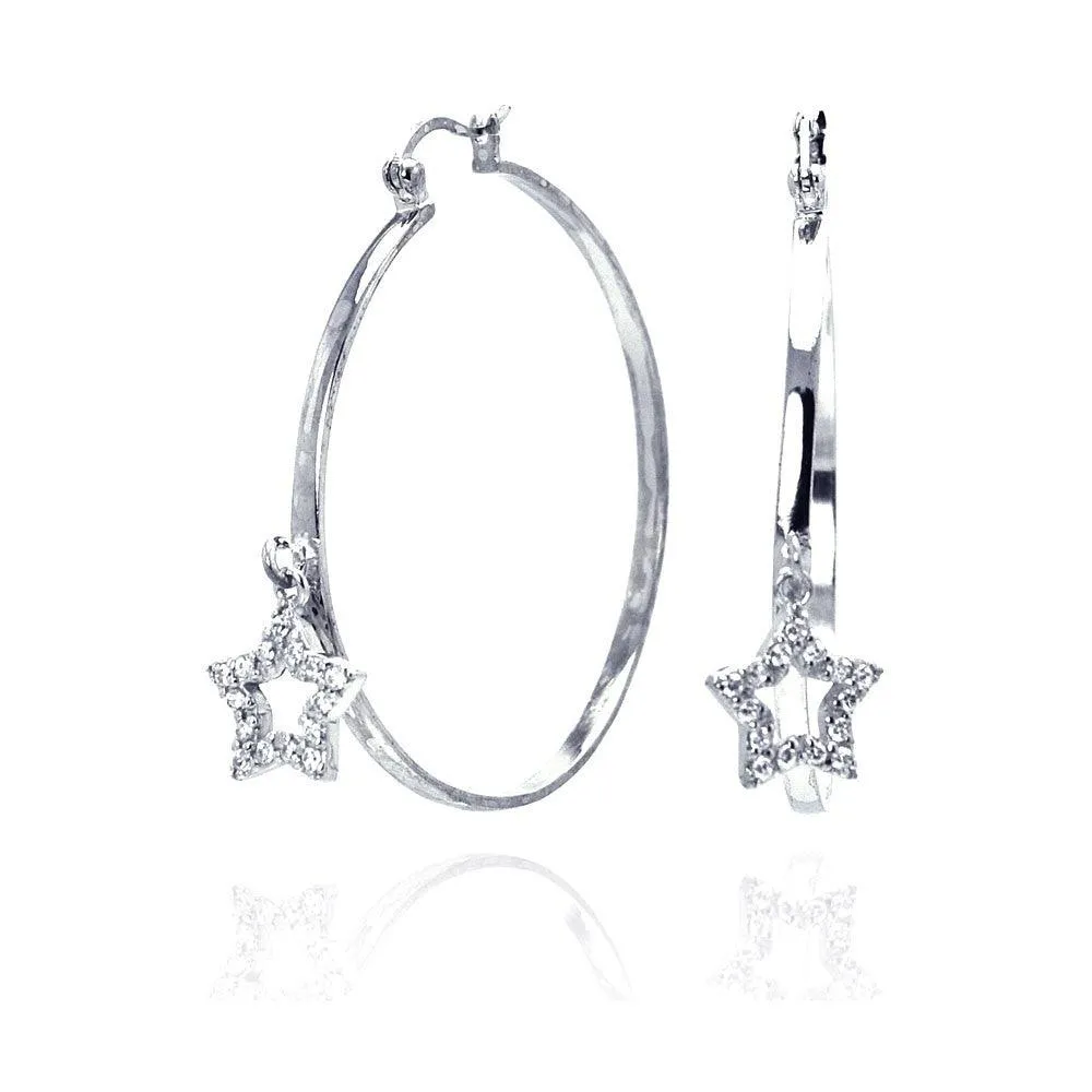 Clearance-Silver 925 Rhodium Plated Dangling Star CZ Hoop Earrings - STE00305