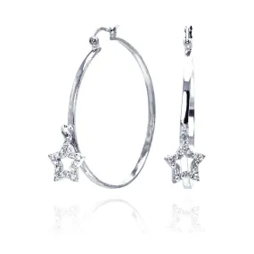 Clearance-Silver 925 Rhodium Plated Dangling Star CZ Hoop Earrings - STE00305