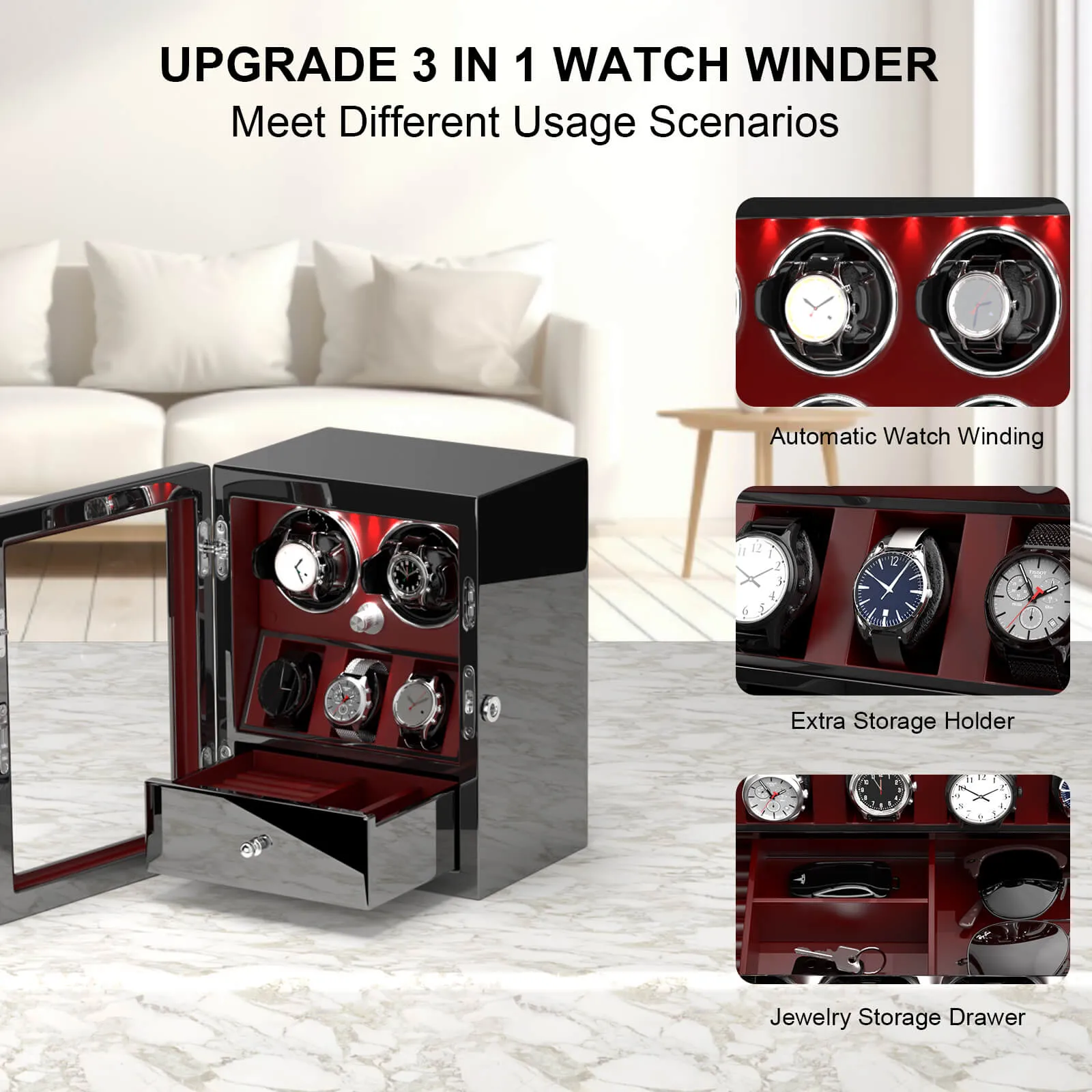 Compact 2 Watch Winders with 3 Extra Storage Case - Red