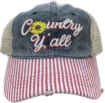 Country Y'all Embroidered Patch on High Ponytail Charcoal Hat with Striped Bill