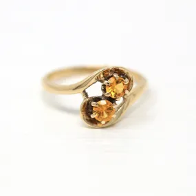 Created Orange Sapphire Ring - Retro 10k Yellow Gold Round Faceted .42 CTW Stones - Vintage 1960s Era Size 5 1/4 Statement Bypass Jewelry