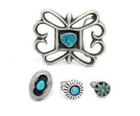Dan Jackson Old Pawn Zuni Sterling Silver and Turquoise Belt Buckle and Rings