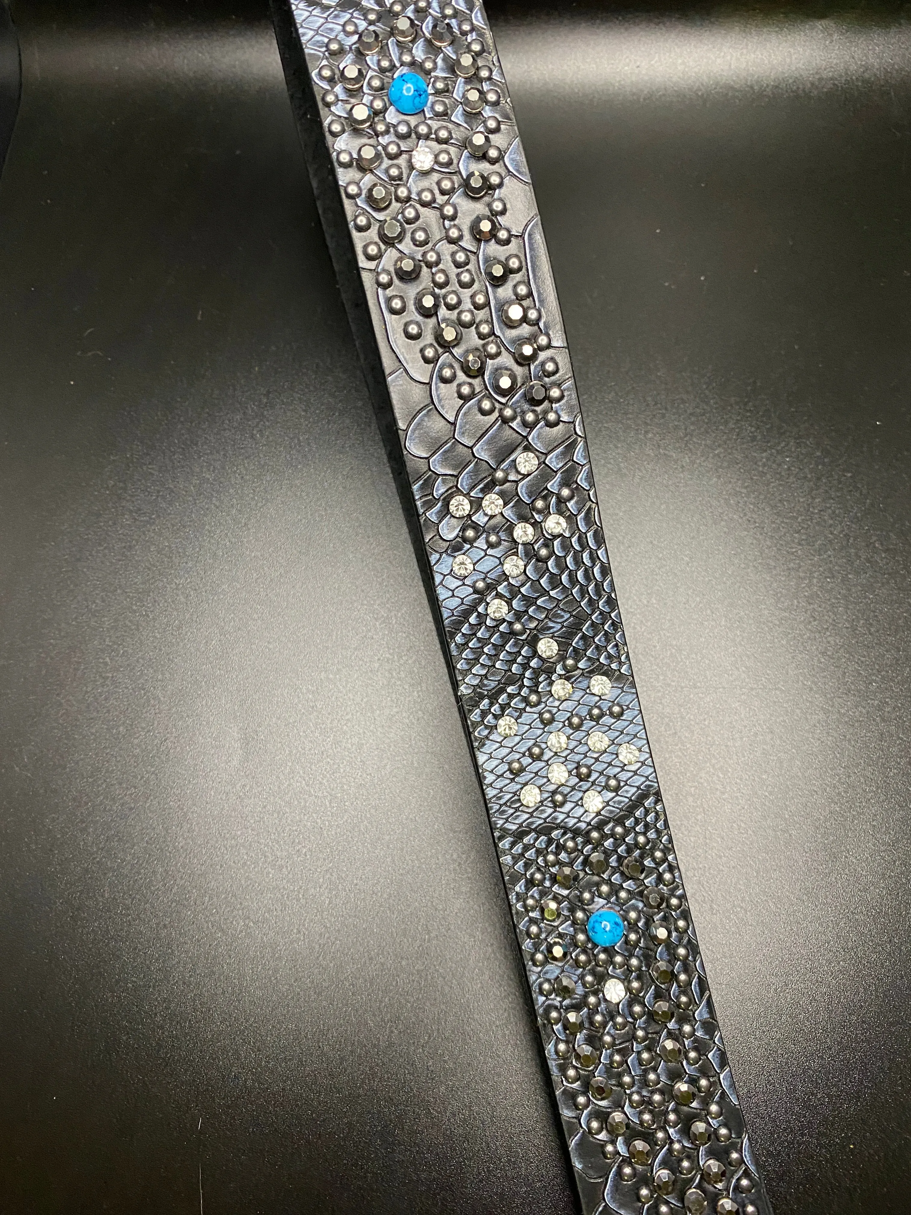 Dark Gray Studded Leather Belt with Rhinestones and Turquoise Accents