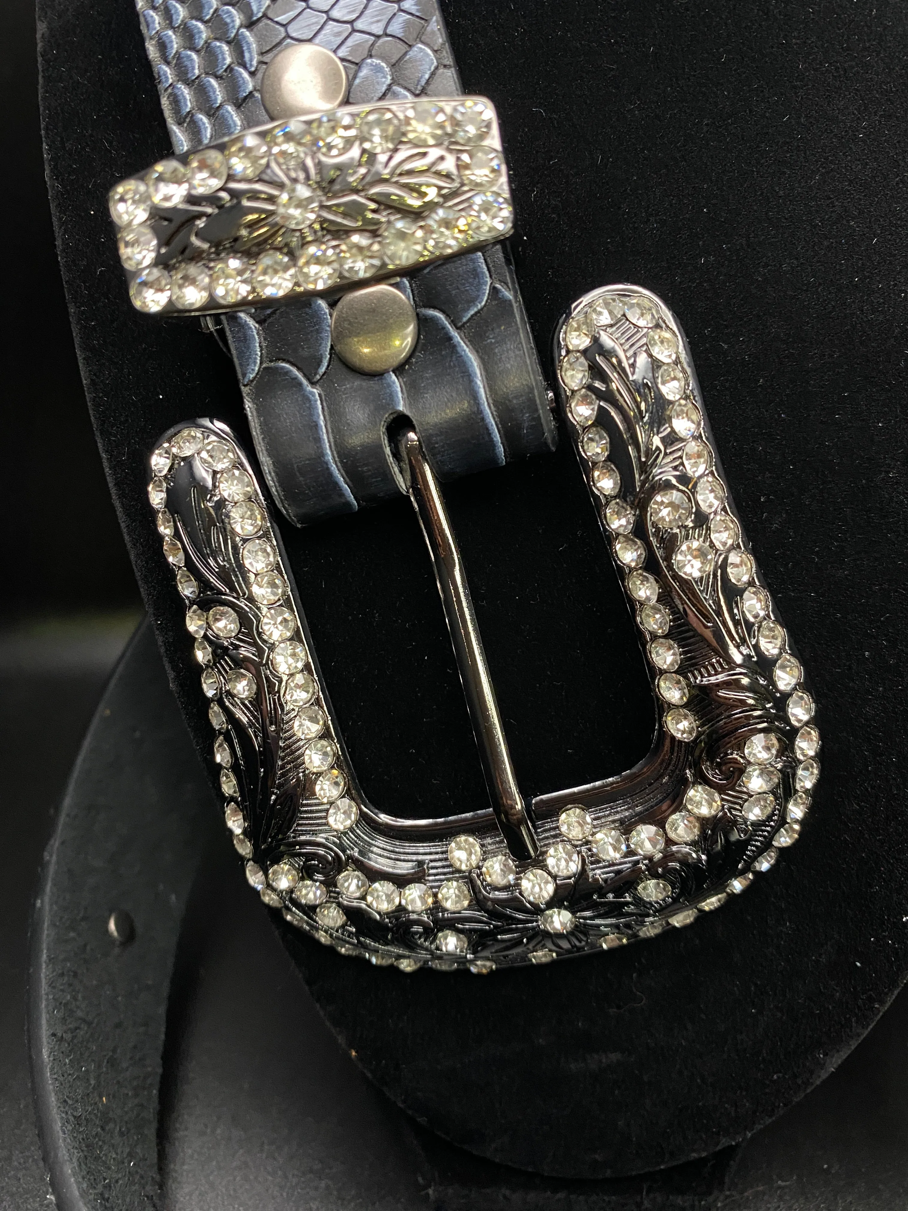 Dark Gray Studded Leather Belt with Rhinestones and Turquoise Accents