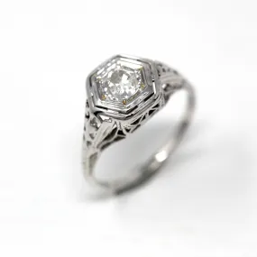 Diamond Engagement Ring - Vintage 14k White Gold Filigree Genuine 1/2 CT Gem - Antique 1930 Size 4 Wedding Hexagonal Bridal Fine Jewelry