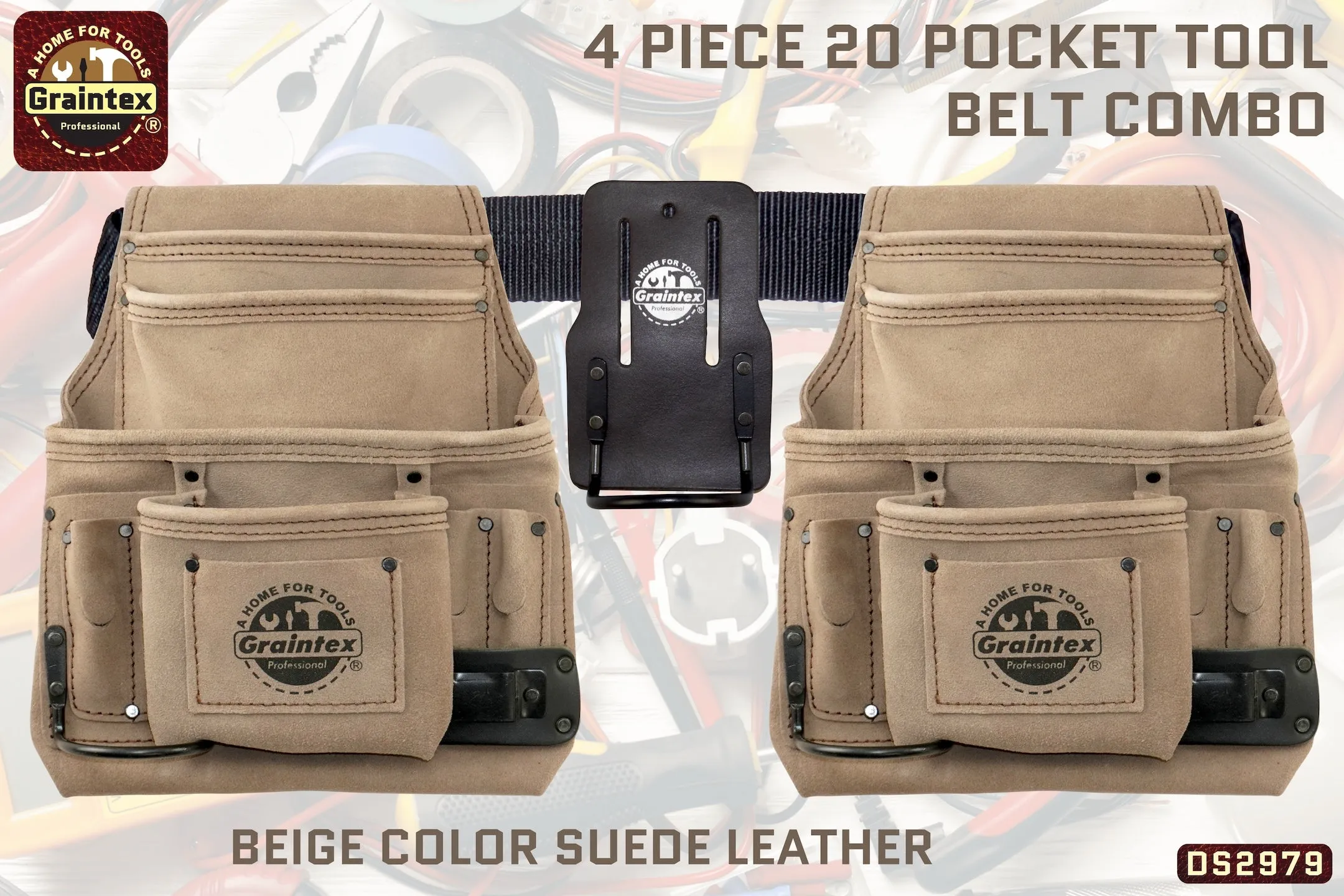 DS2979 :: 4 Piece 20 Pocket Tool Belt Combo Beige Color Suede Leather