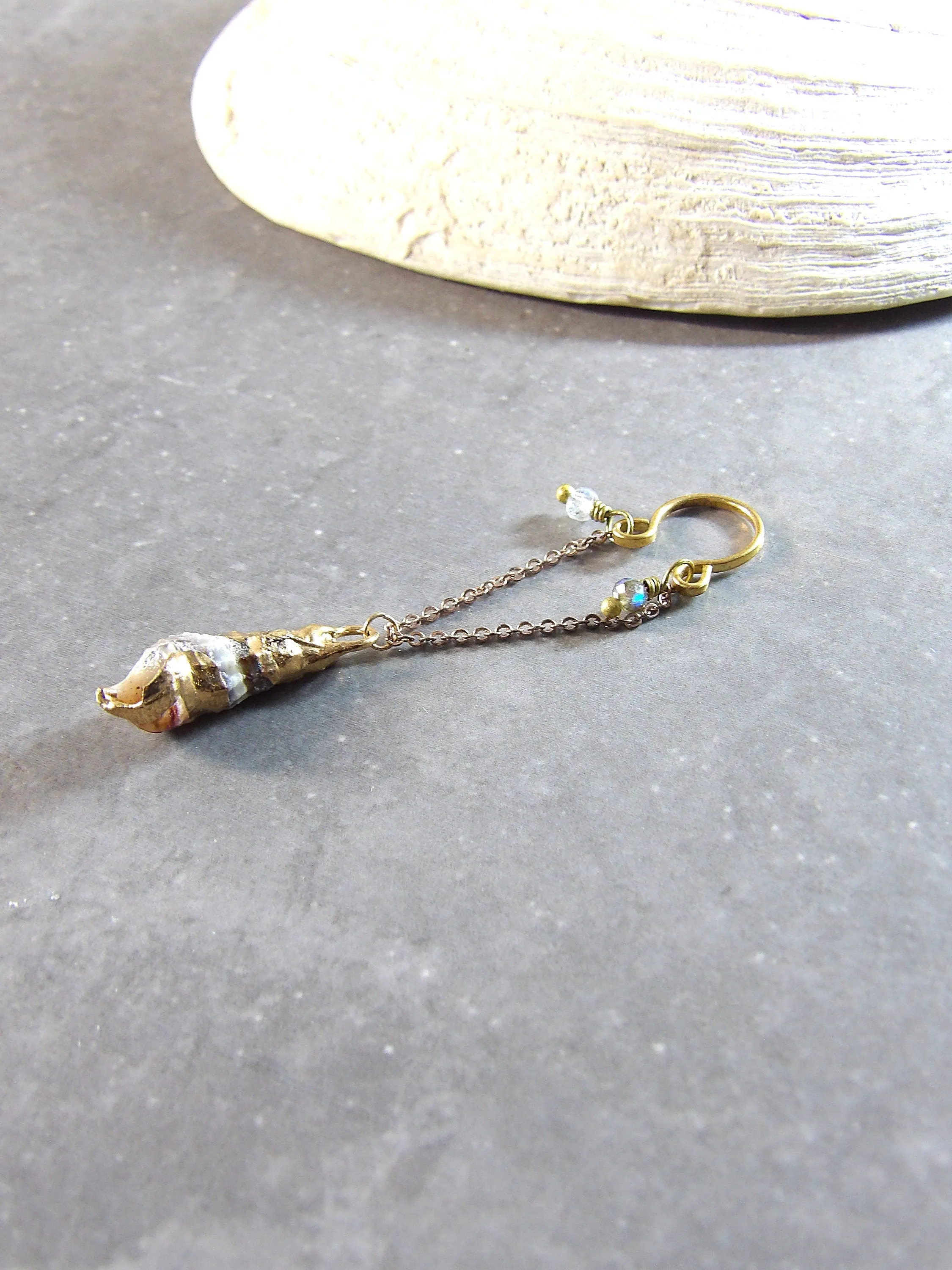 Ear Cuff No Piercing With Natural Labradorite & Seashell