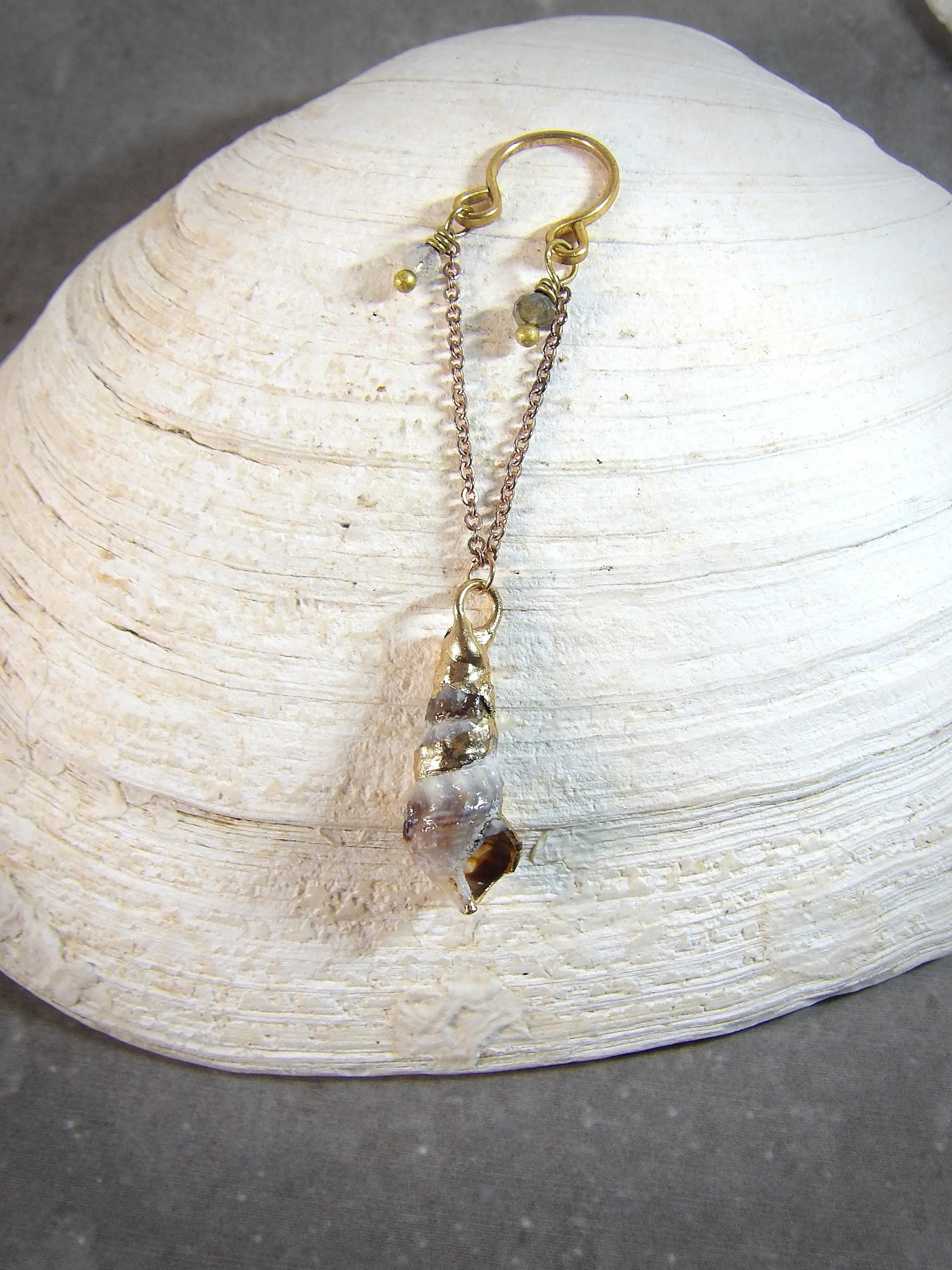 Ear Cuff No Piercing With Natural Labradorite & Seashell
