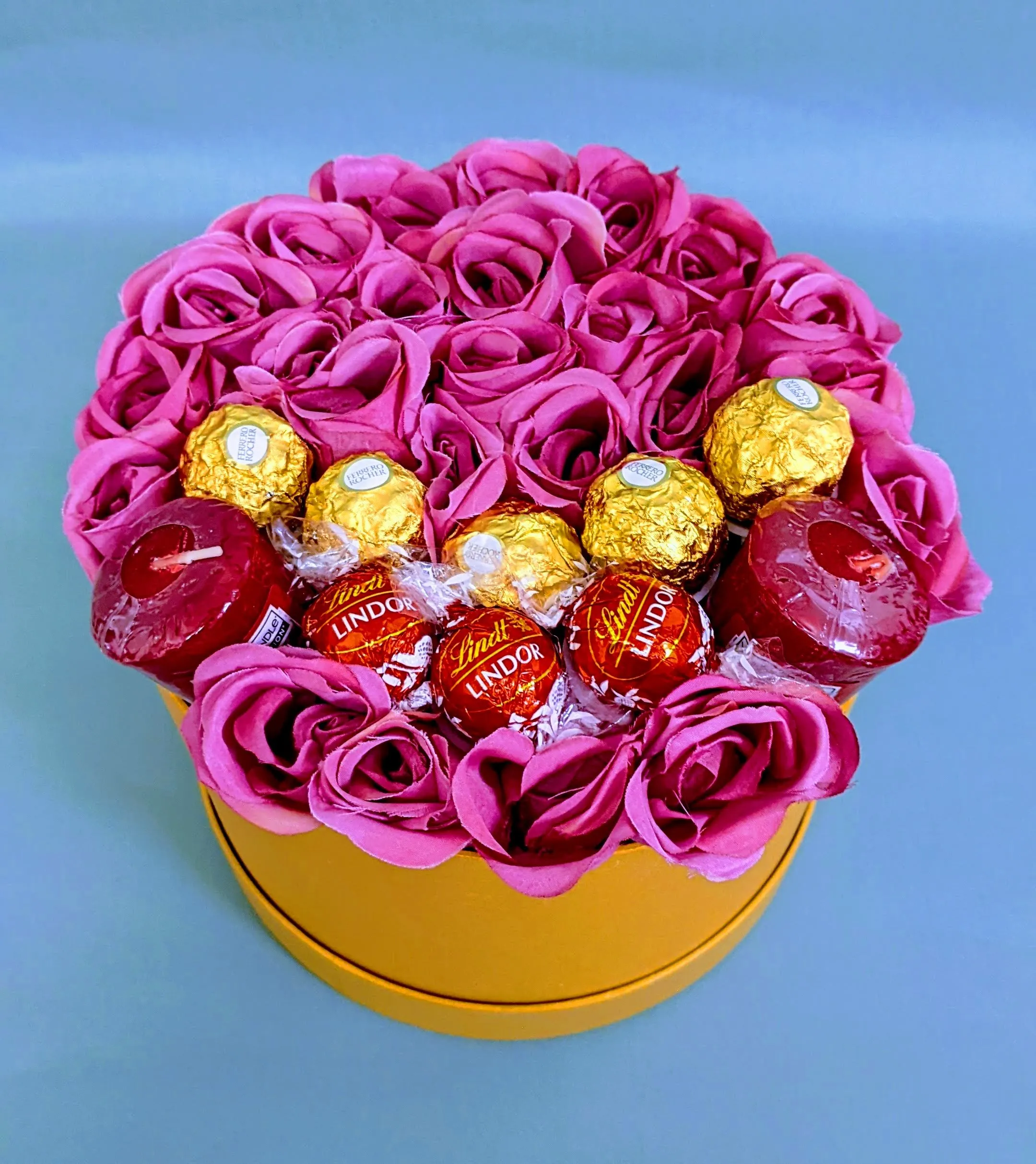 Elegant Hat Box Florals,Candles, & Ferrero & Lindt