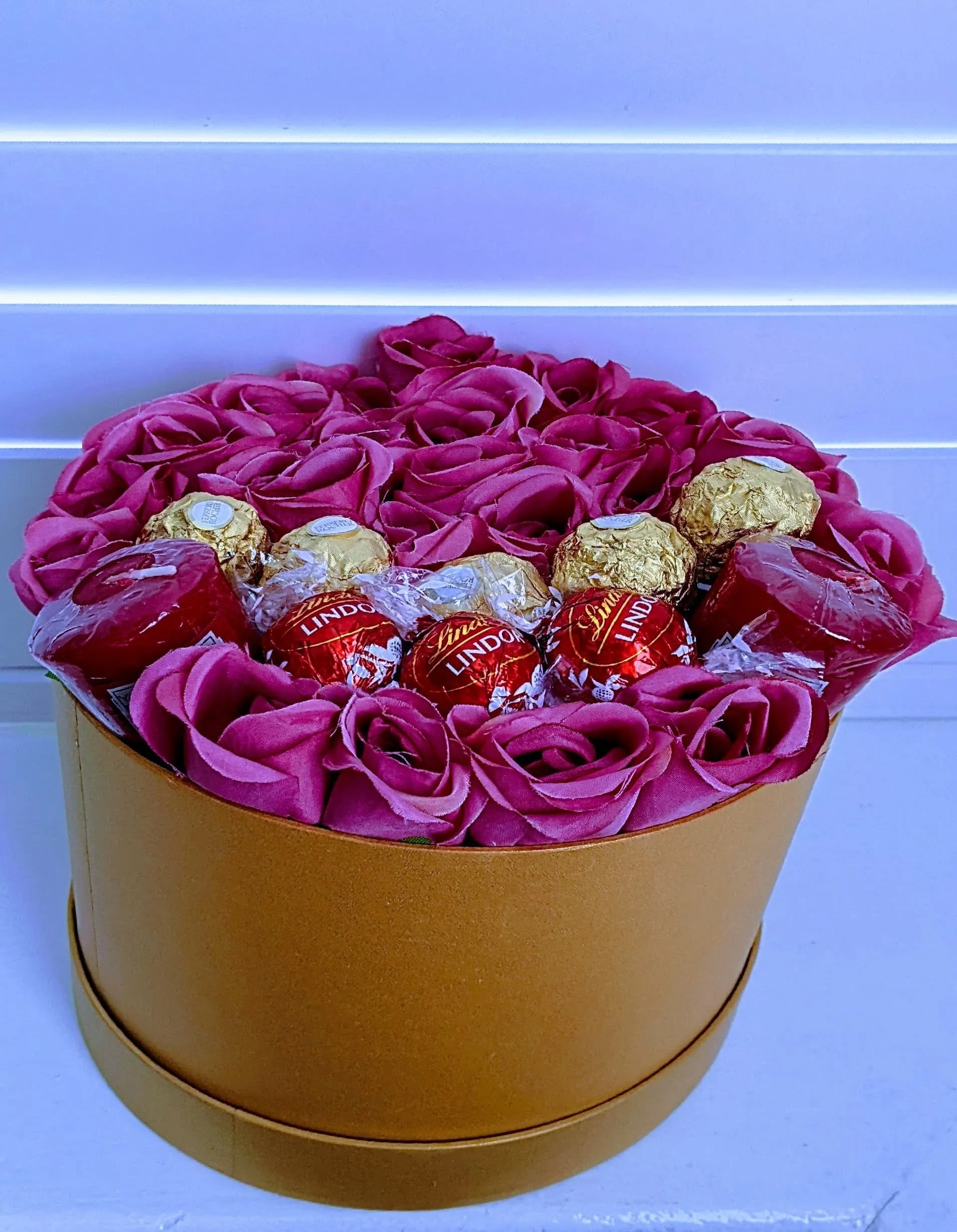 Elegant Hat Box Florals,Candles, & Ferrero & Lindt