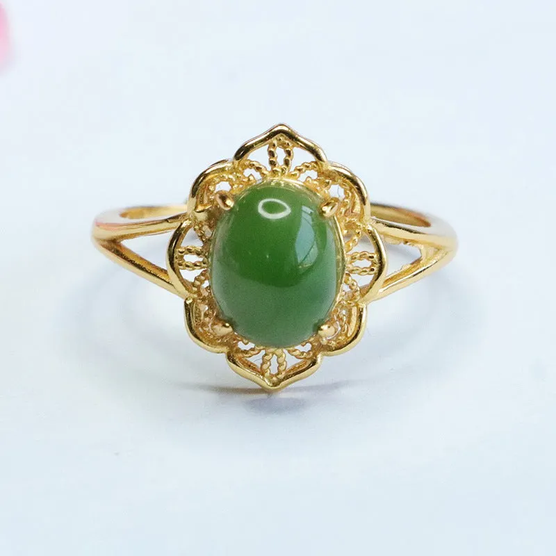 Fortune's Favor S925 Silver Hotan Jade Jasper Hollow Flower Split Shank Ring
