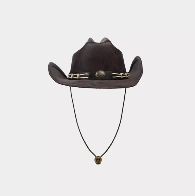Front Sun Buckle Vintage Leather Cowboy Cowgirl Hat